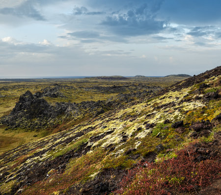 Spectacular volcanic view from Saxholl volcano Crater, Snaefellsnes peninsula, Snaefellsjokull National Park, West Iceland.の写真素材