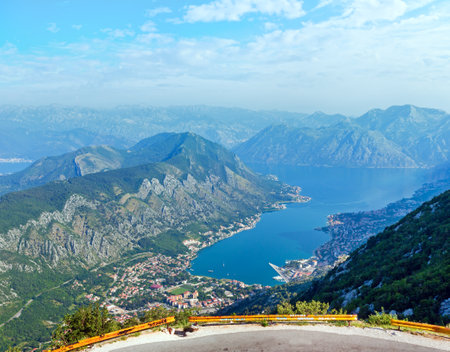 Kotor town summer morning view from up (Boka Kotorska Bay, Montenegro)の写真素材