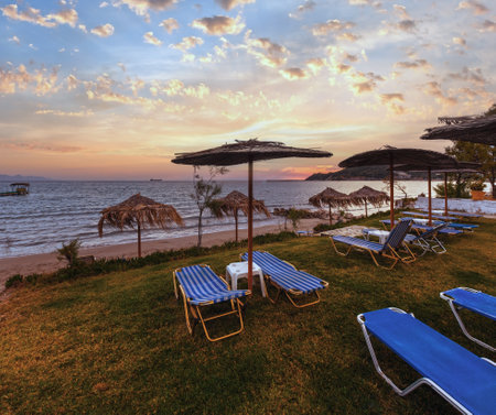 Sunrise view from beach. Summer coastline (Greece, Zakynthos, Alykes, Ionian Sea).の写真素材