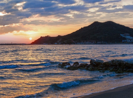 Sunrise view from beach. Summer coastline (Greece, Zakynthos, Alykes, Ionian Sea).の写真素材