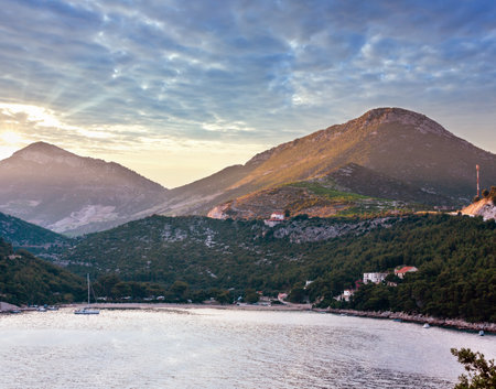 Evening summer coastline view with beach (Ston, Peljesac peninsula, Croatia).の写真素材