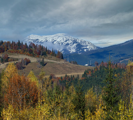 Late autumn mountain scene. Picturesque traveling, seasonal, nature and countryside beauty concept scene. Carpathians, Ukraine.の写真素材