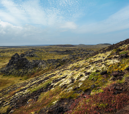 Spectacular volcanic view from Saxholl volcano Crater, Snaefellsnes peninsula, Snaefellsjokull National Park, West Iceland.の写真素材