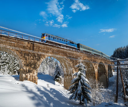 Stone viaduct (arch bridge) on railway through mountain snowy fir forest and locomotive  with a passenger train. Snow drifts  on wayside and hoarfrost on trees and electric line wires.の写真素材