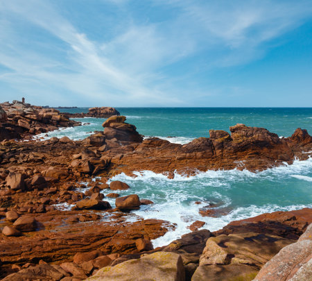 Ocean coast spring view  (between Perros-Guirec and Pleumeur-Bodou, Brittany, France). The Pink Granite Coast.の写真素材