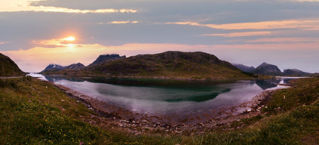 Summer sunset sea panorama, Norway, Lofoten.の写真素材