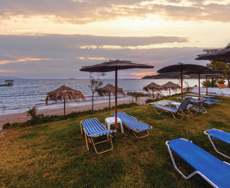 Sunrise view from beach. Summer coastline (Greece, Zakynthos, Alykes, Ionian Sea).の写真素材
