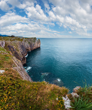Bay of Biscay summer rocky coast top view, Spain, Asturias.の写真素材