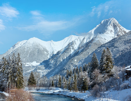 Haselgehr village outskirts winter view with Lech river (Austria, Tirol)の写真素材