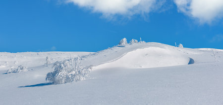 Winter calm mountain panorama  landscape with beautiful frosting trees and snowdrifts on slope (Carpathian Mountains, Ukraine)の写真素材