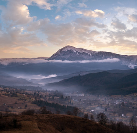 Picturesque morning above late autumn mountain countryside.  Ukraine, Carpathian Mountains, Petros...