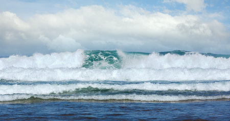 Sea storm wave. Misty seascape view from beach.の写真素材