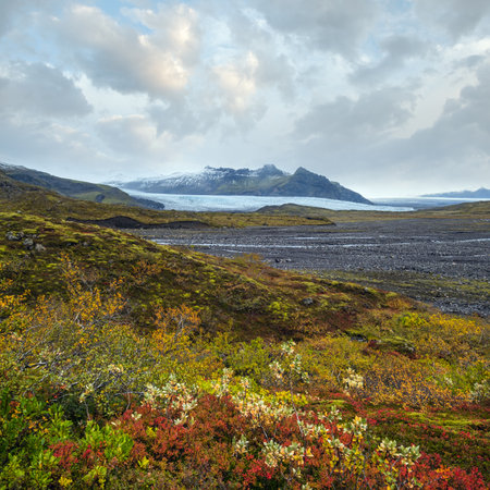 Beautiful autumn view from Mulagljufur Canyon to Fjallsarlon glacier with Breidarlon ice lagoon, Iceland. Not far from Ring Road and at the south end of Vatnajokull icecap and Oraefajokull volcano.の写真素材