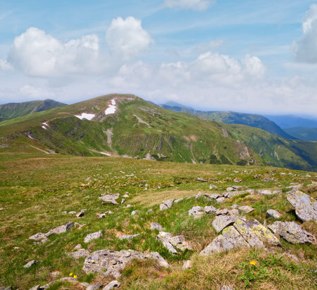 Summer mountain pidge and snow on mountainside (Ukraine, Chornogora Ridge, Carpathian Mountains)の写真素材