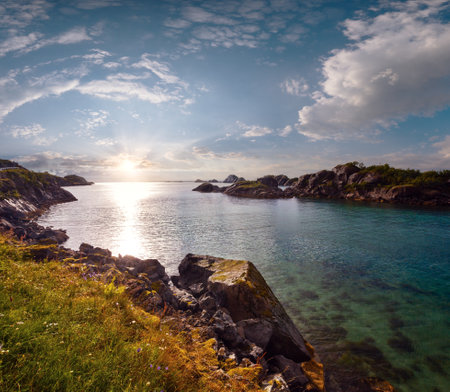 Summer cloudy evening Ersfjorden landscape (Norway, Lofoten).の写真素材