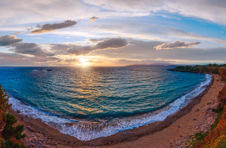 Sea sunset view from Mytikas Beach (Greece,  Lefkada, Ionian Sea).の写真素材