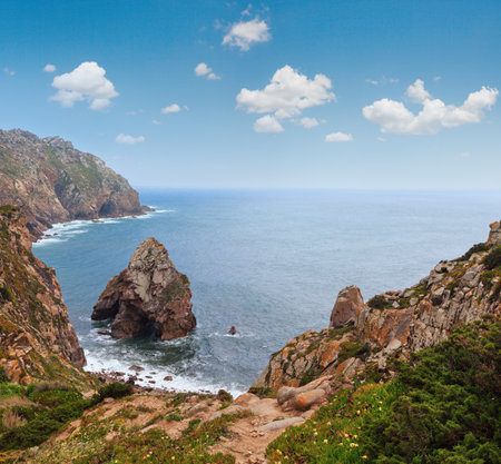 Atlantic ocean coast in cloudy weather. View from Cape Roca (Cabo da Roca), Portugal.の写真素材