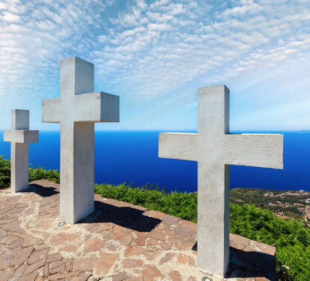 Summer picturesque Tyrrhenian sea Calabrian coast view from Monte Sant'Elia (Saint Elia mount, Calabria, Italy) top. Three Christianity crosses on mountain top.の写真素材