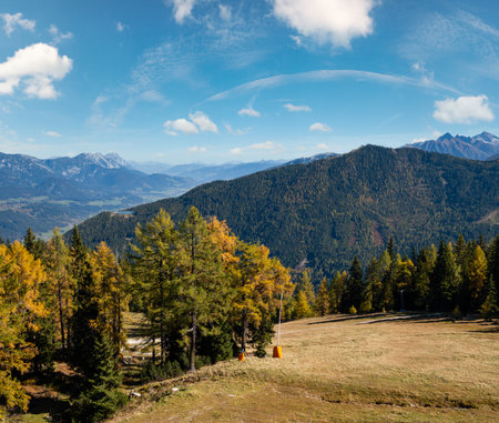 Peaceful sunny day autumn Alps mountain view. Reiteralm, Steiermark, Austria.の写真素材