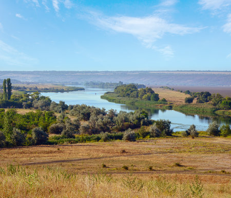 Summer countryside ladscape with Pivdennyi Buh river, Mykolaiv Region, Ukraine.の写真素材