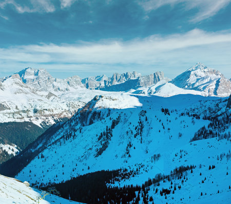 Beautiful winter mountain landscape. View from Pordoi Pass ( Italy)の写真素材