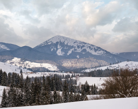 Winter remote alpine mountain village outskirts, countryside hills, groves and farmlands.の写真素材