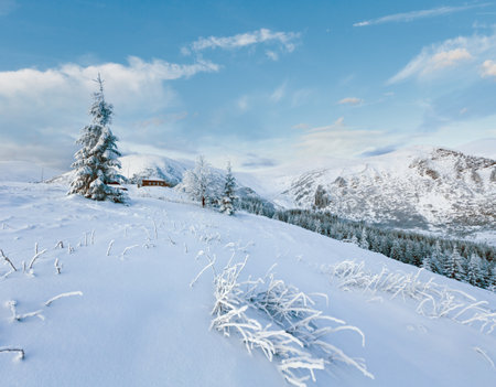 Morning winter mountain landscape with snow covered trees and house on slopeの写真素材