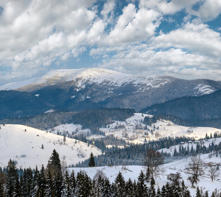 Small alpine village and winter snowy mountains, Voronenko, Carpathian, Ukraine.の写真素材