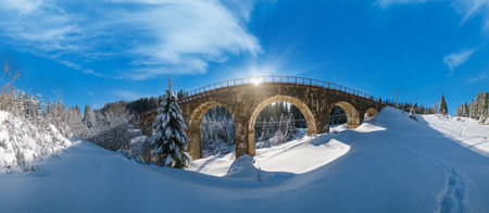 Stone viaduct (arch bridge) on railway through mountain snowy fir forest. Snow drifts  on wayside and hoarfrost on trees and sunshine in sky.の写真素材