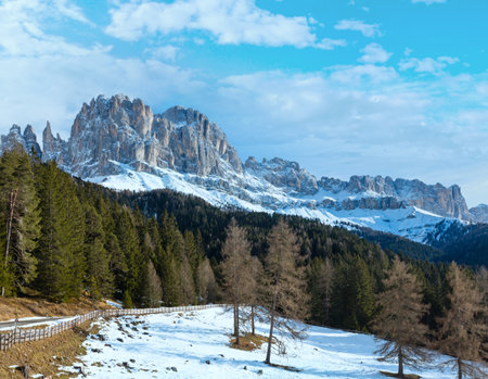 Beautiful winter rocky mountain landscape. View from the Great Dolomites Road (Grande Giro delle Dolomiti or GroÃe DolomitenstraÃe), South Tyrol Dolomites, Italy.の写真素材
