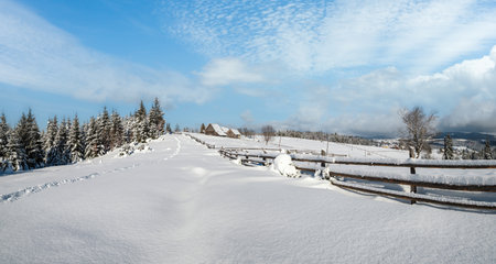 Countryside hills, groves and farmlands in winter remote alpine mountain villageの写真素材
