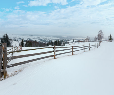 Early morning winter mountain village landscape (Jablunytsia village, Carpathian Mountains, Ukraine). Overcast windy bad weather with some blizzard.の写真素材