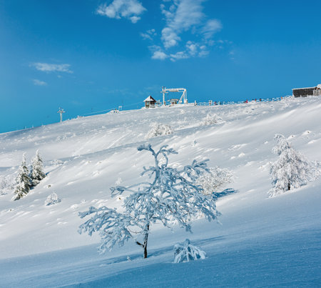 Morning winter calm mountain landscape with beautiful frosting trees, snowdrifts on slope and ski lifts in far (Carpathian Mountains, Ukraine). Skiers are unrecognizable.の写真素材