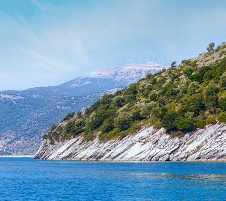 Summer coast view from motorboat (Kefalonia, not far from Agia Effimia, Greece)の写真素材