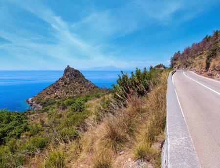Torre Caina and Tyrrhenian sea coast view from road to the San Biagio mountain, Maratea, Basilicata, Italy.の写真素材