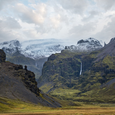 View from highway to Mulagljufur Canyon during auto trip in Iceland. Spectacular Icelandic landscape with  scenic nature: mountains, fjords, glaciers, canyons, waterfalls.の写真素材