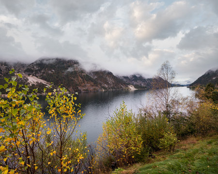 Mountain alpine autumn lake Achensee, Alps, Tirol, Austria. Picturesque traveling, seasonal and nature beauty concept scene.の写真素材