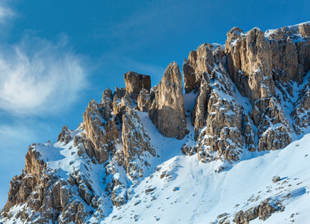 Beautiful winter mountain view  from Pordoi Pass (pass in the Dolomites in the Alps)の写真素材