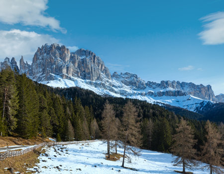Beautiful winter rocky mountain landscape. View from the Great Dolomites Road (Grande Giro delle Dolomiti or GroÃe DolomitenstraÃe), South Tyrol Dolomites, Italy.の写真素材