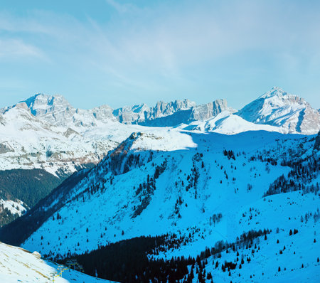 Beautiful winter mountain landscape. View from Pordoi Pass ( Italy)の写真素材