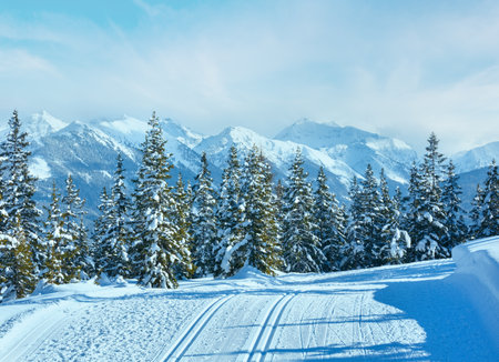 Winter mountain snowy landscape and ski slope (top of Papageno bahn - Filzmoos, Austria)の写真素材