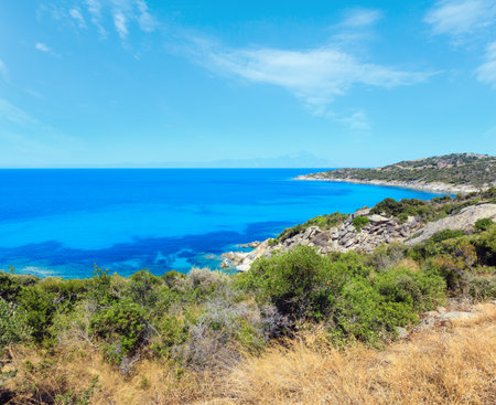 Summer sea scenery with aquamarine transparent water. View from shore (Sithonia, Halkidiki, Greece).の写真素材