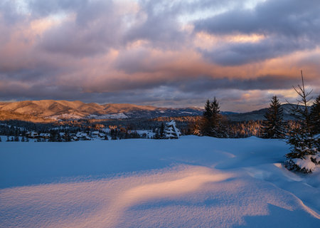Alpine village outskirts in last evening sunset sun light. Winter snowy hills and fir trees. Picturesque clouds and Moon in dusk sky.の写真素材