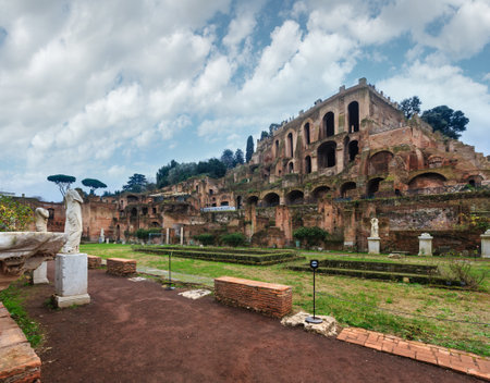 Former gardens of House of Vestal Virgins in front of granary ruins, Roman Forum, Rome, Italy, Europe.の写真素材