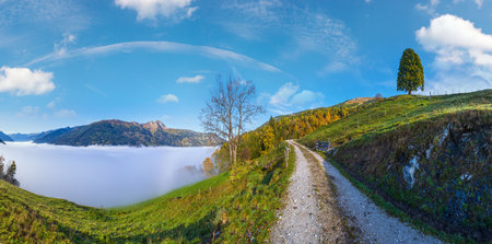 Sunny idyllic autumn alpine scene. Peaceful misty morning Alps mountain view from hiking path from Dorfgastein to Paarseen lakes, Land Salzburg, Austria. Picturesque hiking and seasonal concept scene.の写真素材