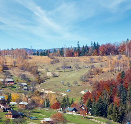 Autumn Carpathian village landscape (Ivano-Frankivsk oblast, Ukraine). Rural scene.の写真素材