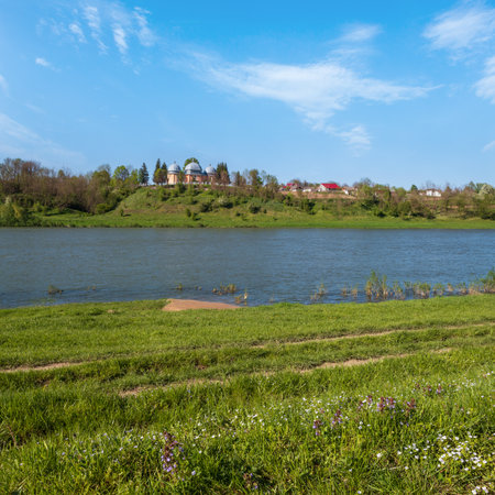 Amazing spring view on the Dnister River Canyon. View from Nezvysko village blossoming river coast,
Ivano-Frankivsk region, Ukraineの写真素材