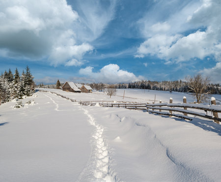 Countryside hills, groves and farmlands in winter remote alpine mountain villageの写真素材