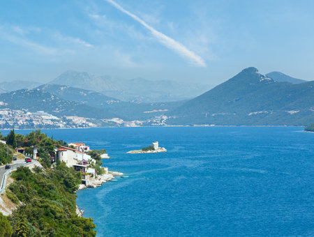 Summer  Adriatic Sea coastline view with tree, thistle plant and stone in front (Croatia)の写真素材