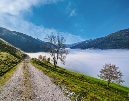 Sunny idyllic autumn alpine scene. Peaceful misty morning Alps mountain view from hiking path from Dorfgastein to Paarseen lakes, Land Salzburg, Austria. Picturesque hiking and seasonal concept scene.の写真素材